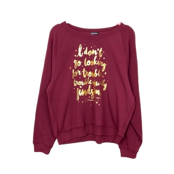 Harry Potter sweatshirt burgundy gold metallic Trouble Finds Me scoop neck soft - Picture 2 of 6